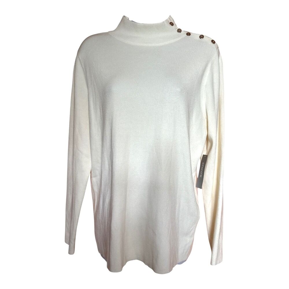 Chico's Turtleneck Sweater Side Button Sweater Pullover Ecru Size 2/ Large NWT